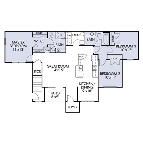 Floor plan for 3 beds, 2 baths, 1220 sqft
